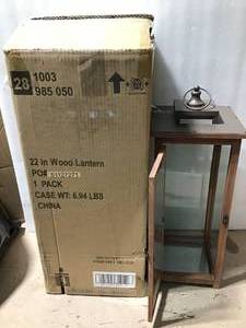 22 in. Rustic Wood Outdoor Patio Lantern with Metal Top by Hampton Bay in good condition