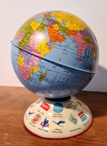 lot 15 image: Vintage Citizens National Bank Tin Globe Bank w Airline Logos