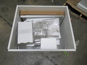 lot 206 image: Vetta 24.5 in. x 21.5 in. x 34 in. White Utility Sink Cabinet with Metal Hybrid Stainless Steel Faucet and Soap Dispenser 040 US7713SS-SD