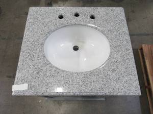 lot 210 image: Home Decorators Collection Hamilton 25 in. W Shutter Vanity in Grey with Granite Vanity Top in Grey with White Basin 7402000270