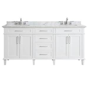lot 419 image: Home Decorators Collection Sonoma 72 in. W x 22 in. D Bath Vanity in White with Carrara Marble Top with White Sinks. Slight Crack on Back Rear RH Leg and LH Side at Base.