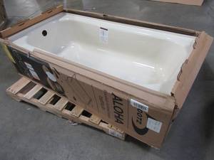 lot 401 image: Bootz Industries Aloha 60 x 30 x 14 14 Left Drain Rectangular Alcove Soaking Bathtub in Bone - Enamel Chip Top of Tub Above Overflow.