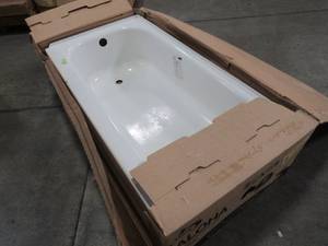 lot 405 image: Bootz Industries Aloha 60 x 30 x 14 14 Left Drain Rectangular Alcove Soaking Bathtub in White, Enamel ChipScratches on Top Threshold Closer to Drain.