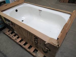 lot 406 image: Bootz Industries Kona 54 in. Left Drain Rectangular Alcove Soaking Bathtub in White, Enamel chips and scratches on threshold.