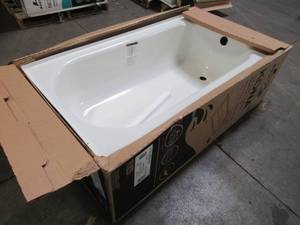 lot 407 image: Bootz Industries Kona 54 x 30 x 15 14. Right Drain Rectangular Alcove Soaking Bathtub in White, Enamel Chip on Threshold Opposite Overflow.