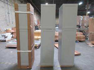 lot 432 image: (3) Hampton Bay Edson Shaker Assembled 18 x 84 x 24 Pantry Cabinets in Gray - SCRATCH AND DENT, BACK PANELS BROKEN - NEEDS TLC