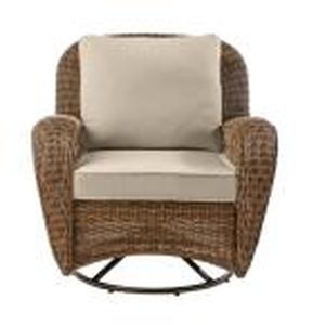 lot 16 image: Beacon Park Brown Wicker Outdoor Patio Swivel Lounge Chair with CushionGuard Putty Tan Cushions