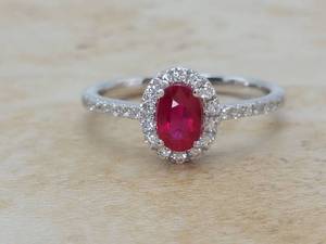 lot 13 image: Brand New Natural High Grade Ruby and Diamond Halo Ring in 14k White Gold $3900 Retail