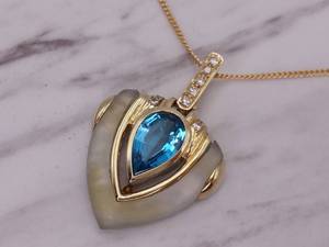 lot 15 image: Upscale Designer Signed Fancy Diamond, Topaz, and Moonstone Pendant in Heavy 14k Yellow Gold $6250 Retail