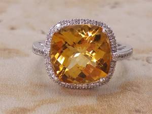 lot 30 image: Impressive Ladies Fine Citrine and Diamond Statement Ring in 14k White Gold $3250 Retail