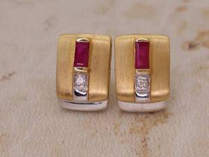 lot 41 image: Fantastic Upscale Ruby and Diamond Estate Earrings in Brushed 18k Yellow and White Gold $2850 Retail