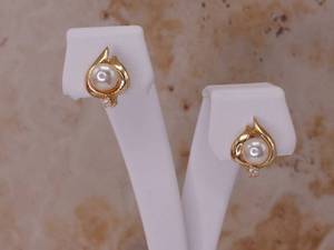 lot 65 image: Luscious Pearl and Diamond Estate Earrings in 14k Yellow Gold