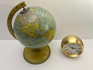 lot 9 image: Vintage Howard Miller Desk Clock & Vintage J. Chein & Co. Tin Globe of the World