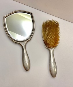 lot 13 image: Stunning Antique Sterling Silver & Blue Enamel Vanity Set - Mirror & Hair Brush- 1920s