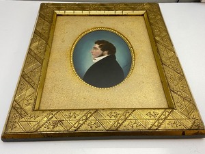 lot 20 image: Amazing Antique Porcelain Painted Portrait in Ornate Gold Wood Frame 1801