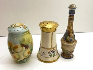 lot 62 image: Antique Lot- Shakers Hair Pin holders, Perfume Bottle, Porcelain Dolls & Thread Holder