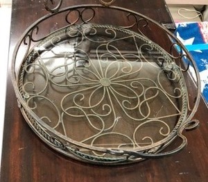 lot 28 image: Round Metal  and Glass tray.