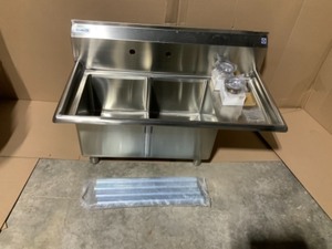 lot 3 image: KOOLMORE Freestanding Stainless Steel 43 in. 2-Hole Double Bowl Commercial Kitchen Sink SEE PICS