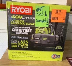 lot 65 image: RYOBI 145 MPH 625 CFM 40-Volt Lithium-Ion Cordless Backpack Blower 5 Ah Battery and Charger Included NOT USED SEE PICS