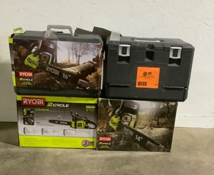 lot 67 image: 4 RYOBI 2 CYCLE CHAINSAWS WITH HARD COVER SEE PICS & DESCRIPTION