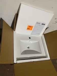 lot 71 image: SWISS MADISON 24 IN. CERAMIC SINGLE FAUCET HOLE VANITY TOP IN WHITE WITH WHITE BASIN NOT USED SEE PICS