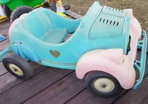 Plastic Jalopy Style Pedal Car with Metal Pedals - Missing Steering Wheel, Rear Fenders and Grille Parts