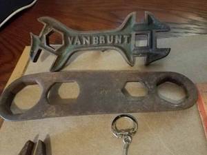 Five Vintage Farm Items Van Brunt Wrench, P W Marked Automobile Wrench, Machinists Miniature Clamp