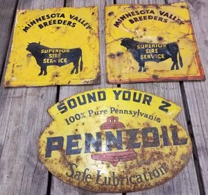 2-Minnesota Valley Breeders Tin Signs 12 inches by 13 inches and a Pennzoil 2-Sided Metal Sign