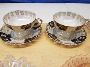 5 Pieces of Glassware Pair of Ornate Cup & Saucers, 2 Ornate Bowls, Shot Glass, Set of Recipe Cards
