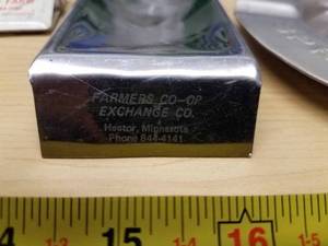 Lot of 9 Farm Collectibles Farmers Co-op Spoon Rest, Paul Mueller Bulk Tanks Ash Tray, FarmFest 7-Up Bottle