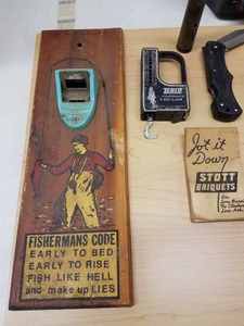 Outdoors Items Lot Vintage Fishermans Bottle Opener Plaque, Zebco De-Liar Scale, Propane Lantern and More