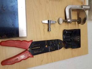 Tool and Hardware Lot 12 inch Taping Knife, AT&T Micro Tool Set, Wire Strippers, New Rockwell Sonicrafter and Hardware