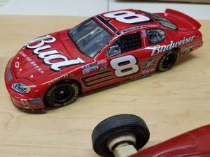 Three 164th Scale Nascar Cars, Diecast #8 Budweiser Monte Carlo and a Vintage Buddy L Turbine Formula Metal Car
