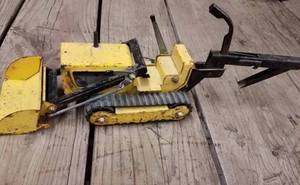 Sandbox Toys Lot Tonka LoaderBackhoe Missing Hoe Bucket, J.D. Loader Tractor, 2 Ford Tractors and Blue Gravity Box