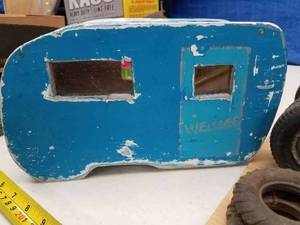 Box of Assorted Wheels, Axels and Tires, Tin Seat for Dozer, Tin Stack for a Steam Locomotive and Home Made Camper Body