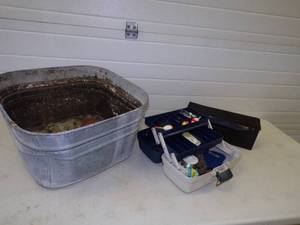 Vintage Galvanized Tub, Tackle box with tackle and mailbox