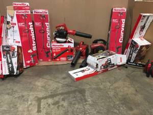 ASSORTED PALLET WITH MIXED HOMELITE OUTDOOR TOOLS SEE PICS
