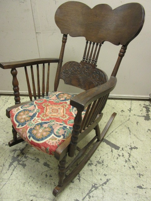 lot 245 image: VINTAGE WOOD ROCKING CHAIR AND OTTOMAN