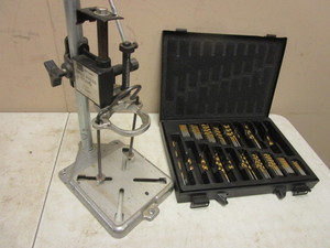 lot 202 image: CRAFTSMAN DRILL PRESS STAND, MAXTECH DRILL BITS