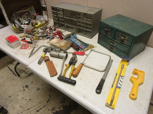 lot 206 image: ASSRTD. HAND TOOLS, HARDWARE, AIR COMPRESSOR ACCESSORIES, PLUMBING PARTS, CABINETS, MORE