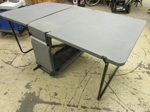 lot 267 image: PORTABLE TABLE, ON ROLLERS, COLLAPSIBLE, WITH STORAGE SPACE