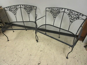 lot 288 image: PATIO BENCHES, WITH DECORATIVE FLOWER BACKREST