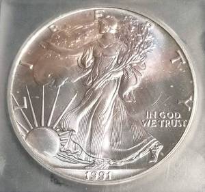 1991 AMERICAN SILVER EAGLE 1 TROY OZ. .999 FINE SILVER MS69 ICG NICE TONING