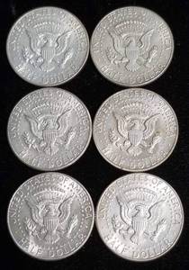 GROUP OF 6 KENNEDY 40% SILVER HALF DOLLARS 1965-1969