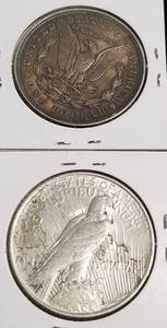 2 SILVER DOLLARS 1921 MORGAN 1922-D PEACE