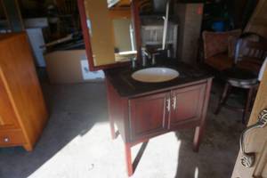 lot 27 image: Dark Wood Finish Bathroom Vanity With Mirror