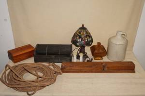 lot 32 image: Antique Large Hand Plane, Tiffany Style Lamp