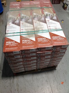 lot 14 image: Pallet with 21 Cases of Pergo Outlast Waterproof Vienna Oak 10 mm T x 7.48 in. W x 47.24 in. L Laminate Flooring (19.63 sq. ft.  case) not used