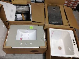 lot 26 image: Pallet with assorted sinks in like new condition set of 4 never used see pictures