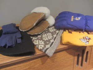 MN Gophers hat, MN Vikings gloves, ...